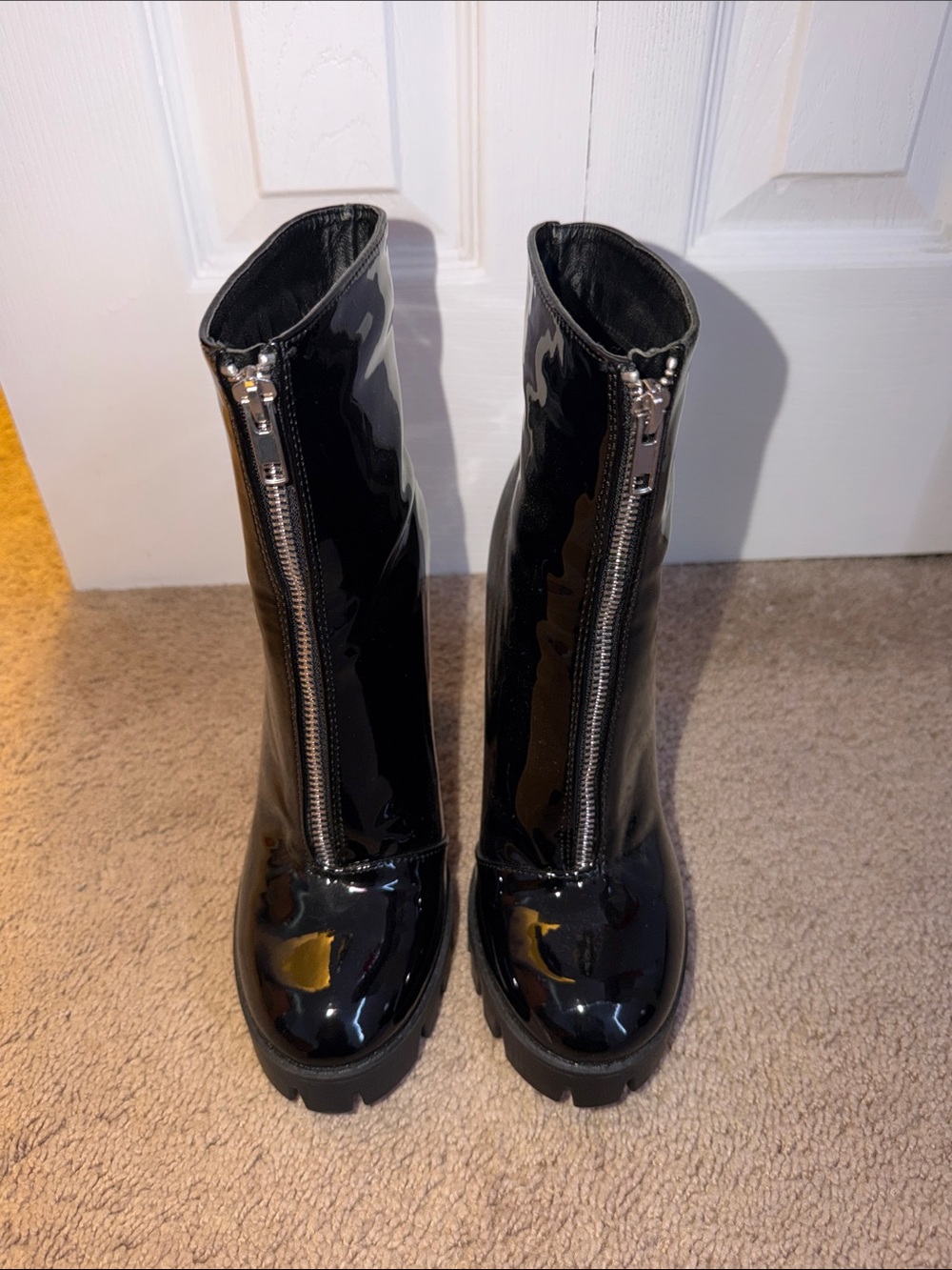 Fashion Nova Black Patent Front-Zip Lug Sole Ankle Boots